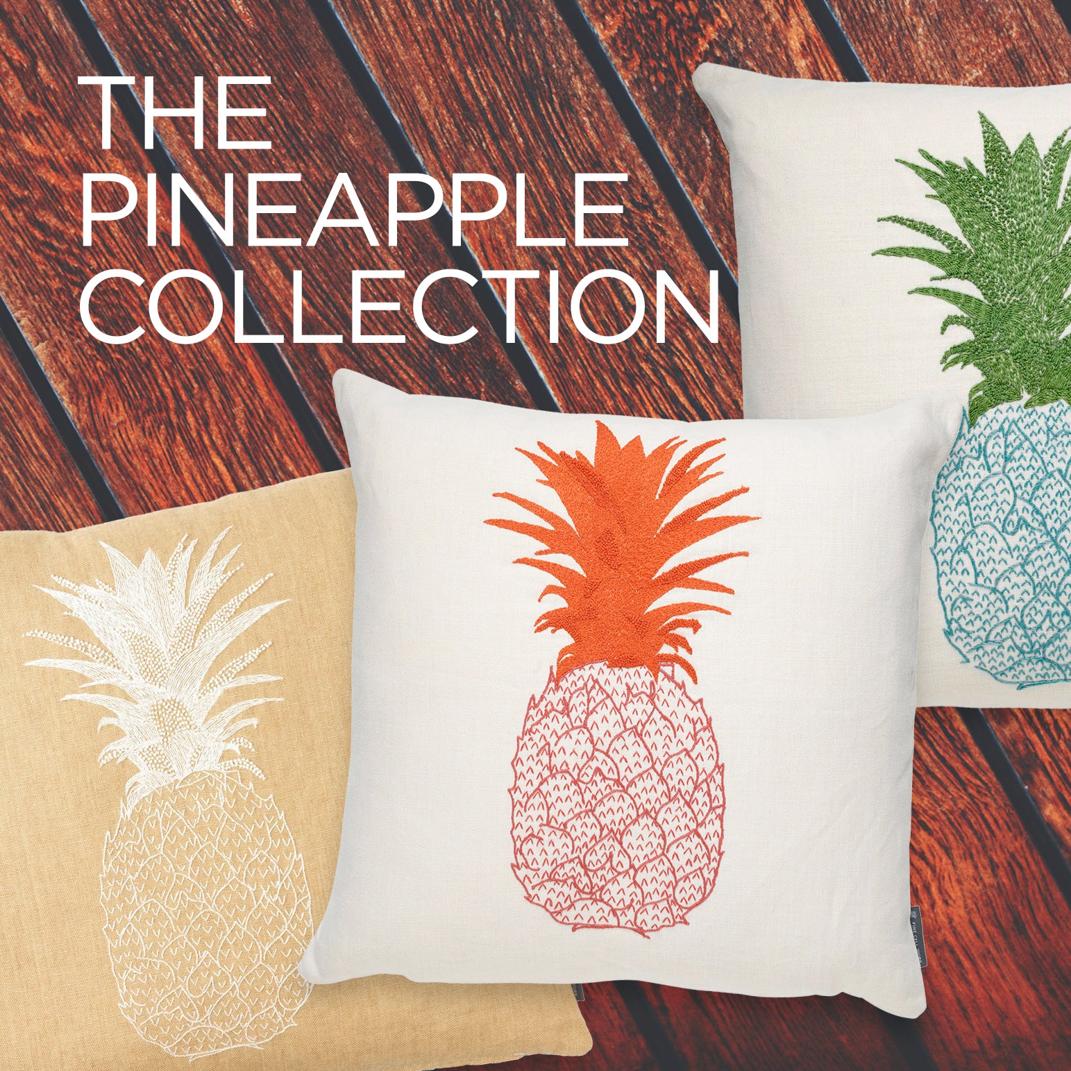 Pineapple Hand-Embroidered Cushion Blue and Green on Cream Linen Melissa Wyndham for Fine Cell Work