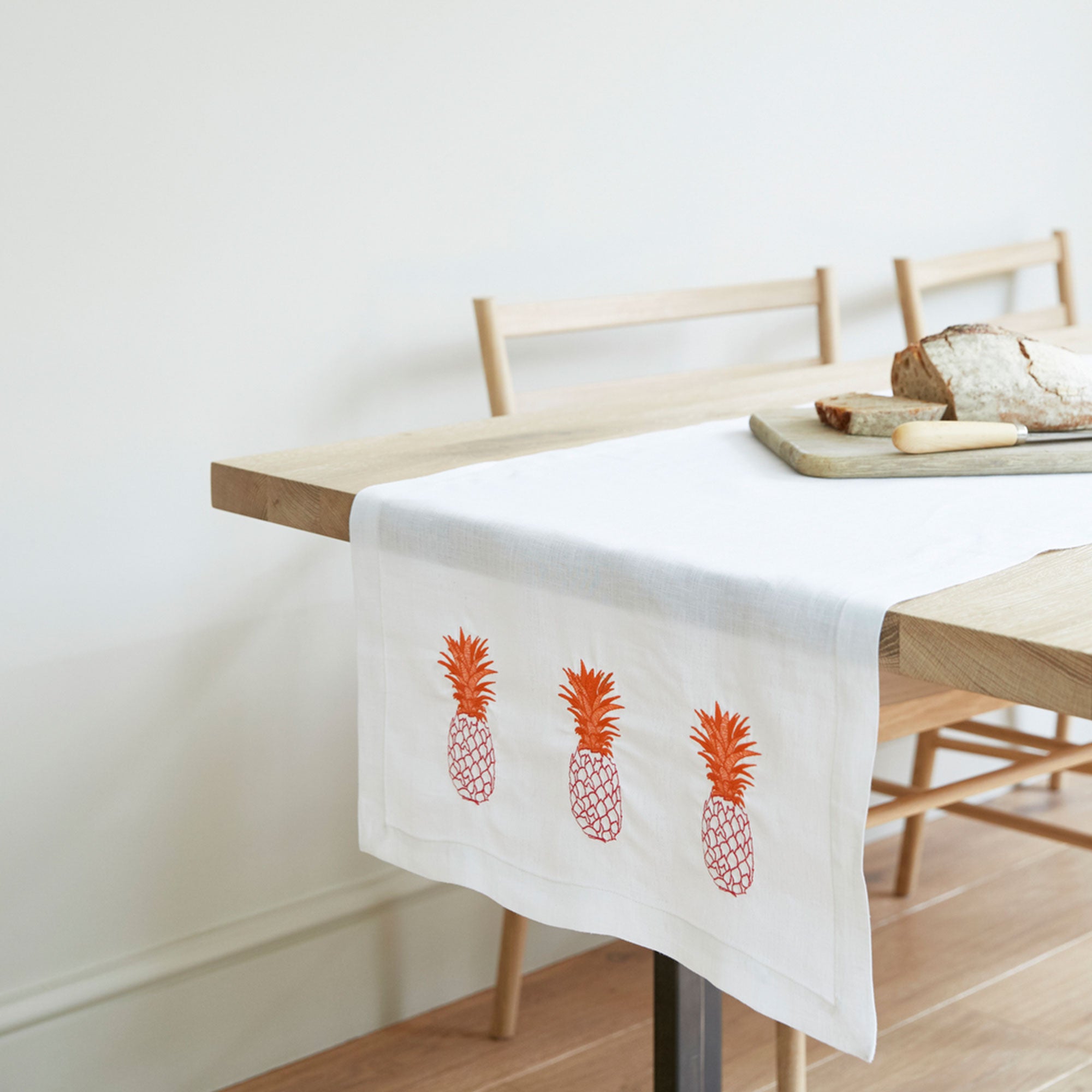 Pineapple Embroidered Linen Table Runner Orange Pink Pineapple Motif Fine Cell Work