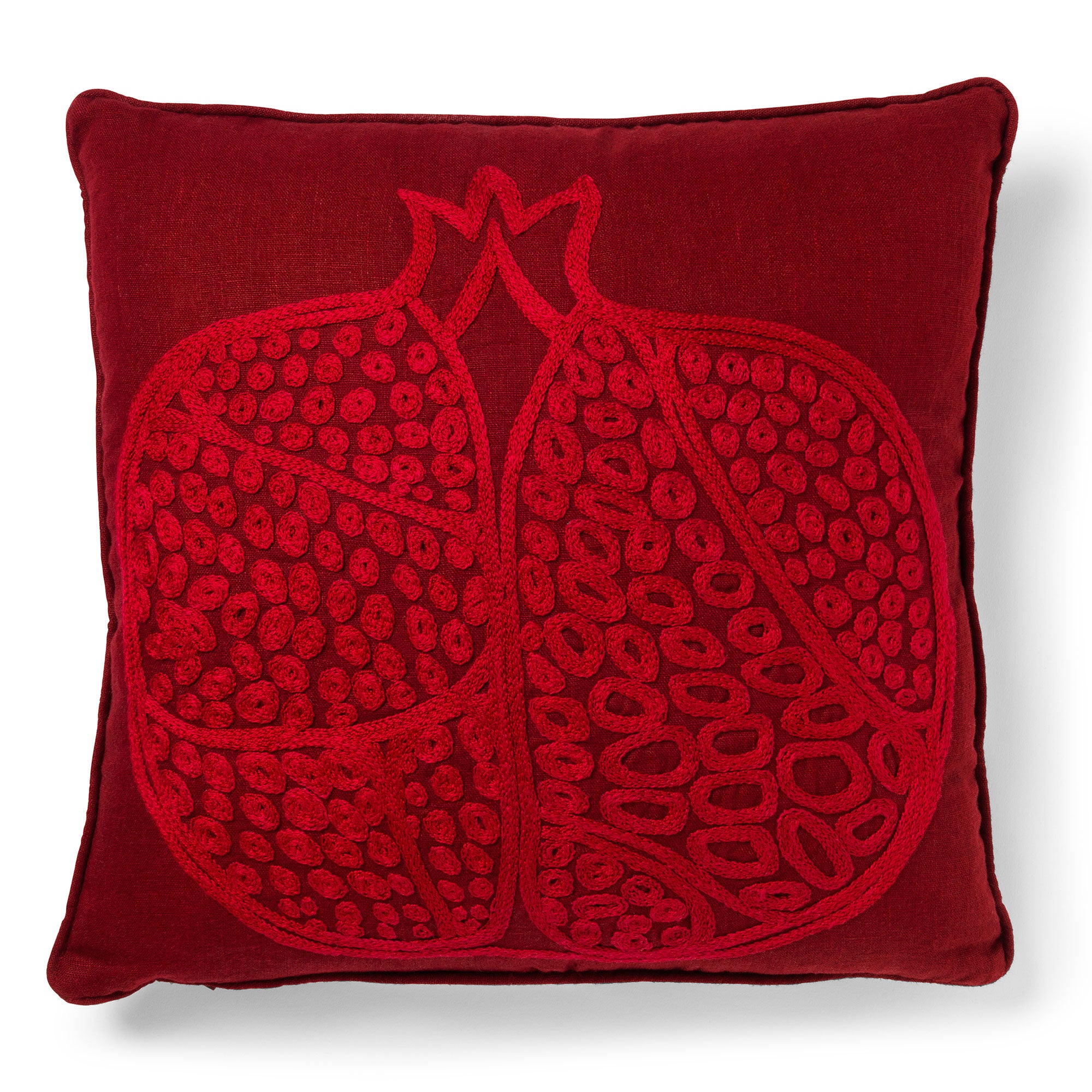 Pomegranate Embroidered Linen Cushion Red