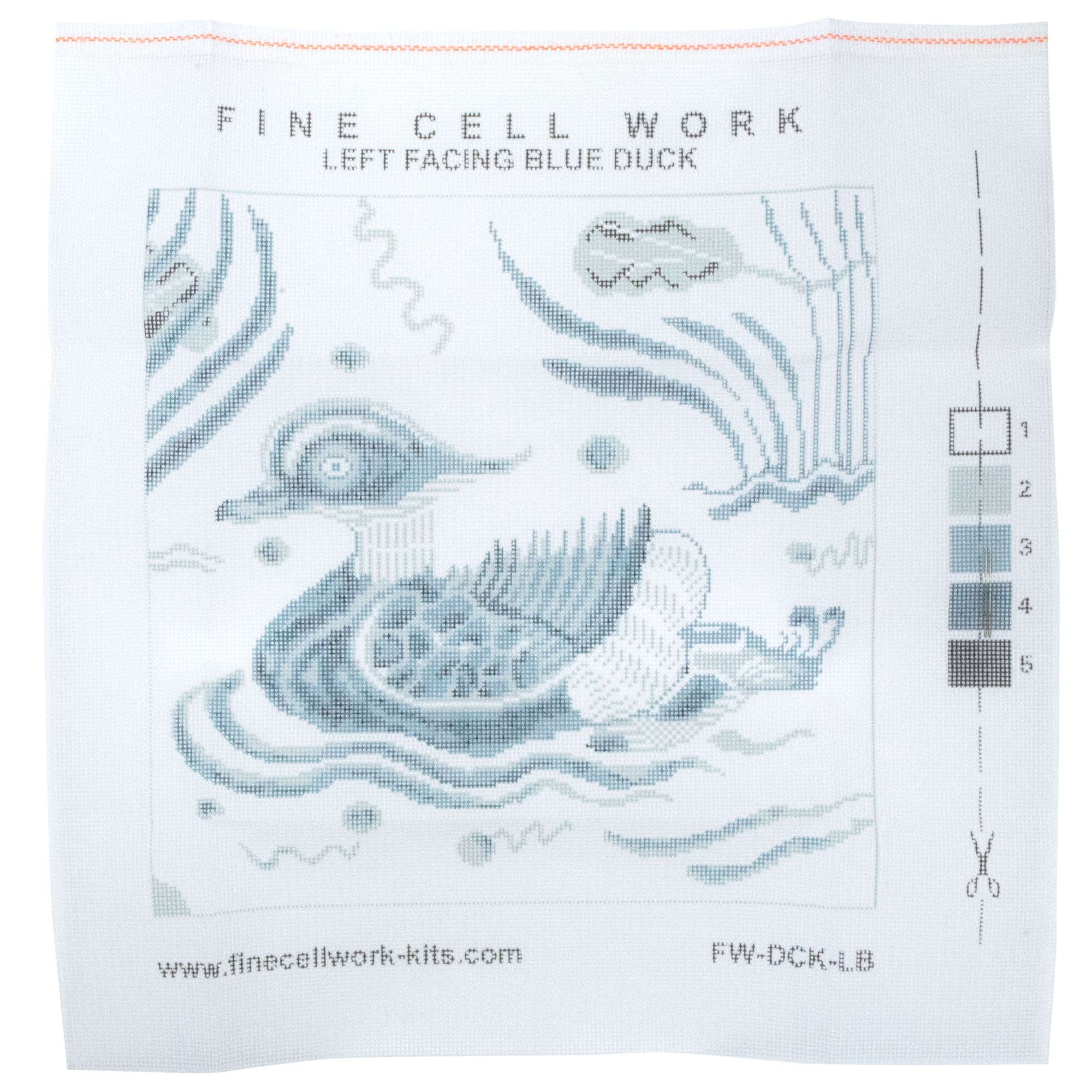 Fine Cell Work Blue Duck Wool Needlepoint Tapestry Cushion Kit Left Facing Printed Canvas