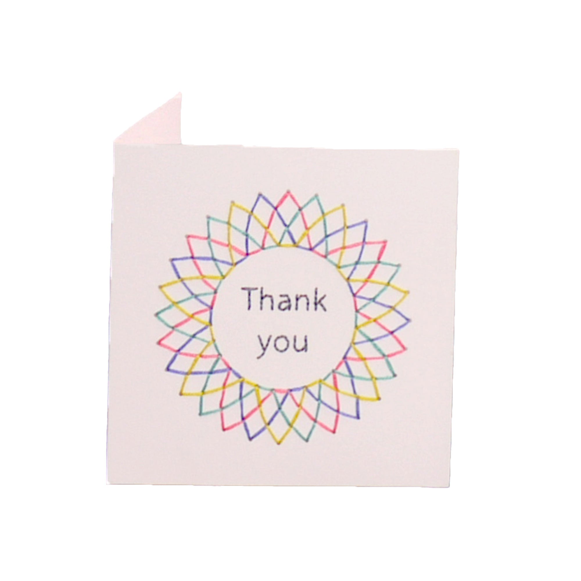 White handmade embroidered thank you greeting card, blank inside.